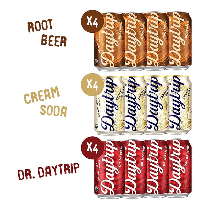 Daytrip Organic Prebiotic Soda – Low Sugar Sparkling Drink for Gut Health &amp Digestion Plant-Based Fiber Beverage Variety Pack 12 Cans – with Caffeine