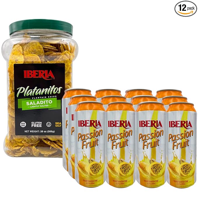 Iberia Passion Fruit Juice Drink 16.57 Fl Oz (Pack of 12) + Iberia Saladito Lightly Salted Plantain Chips 20 Oz.