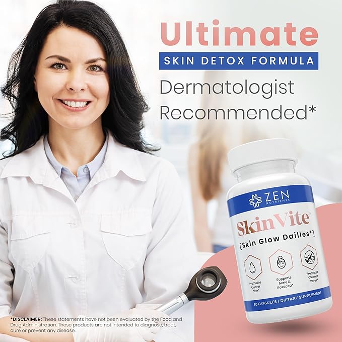 Zen Nutrients SkinVite Natural Skin Supplement for Women Men &amp Teens - Hormonal Breakouts &amp Clear Skin Support Supplement - Detoxifying Vitamin for Acne and Digestion Support