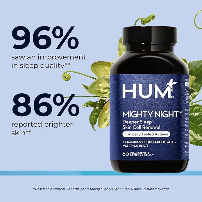 HUM Mighty Night Nighttime Sleep Supplement for Skin Care CoQ10 Valerian Root &amp Ferulic Acid to Support Cell Turnover Skin Vitamins for Women and Men Overnight Beauty Vitamins 60 Vegan Softge