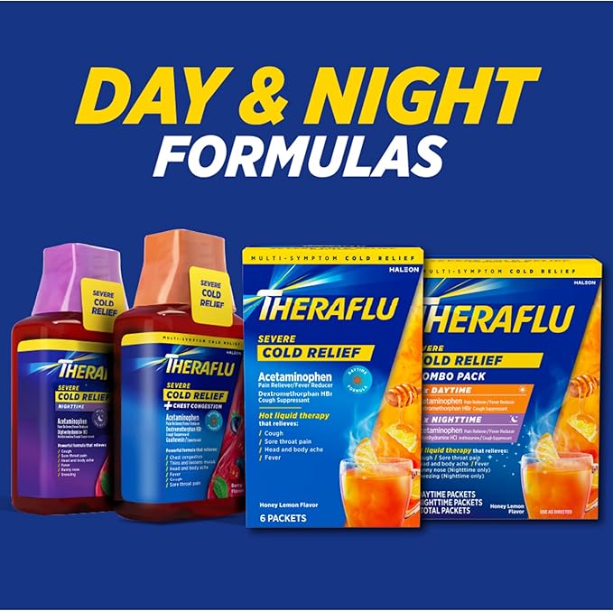 Theraflu Combo Daytime and Nighttime Severe Cold Relief Honey Lemon Flavor Powder and Daytime Severe Cold Relief Berry Burst Flavor Powder 6 Daytime + 6 Nighttime and 6 Berry Burst Powder Packets