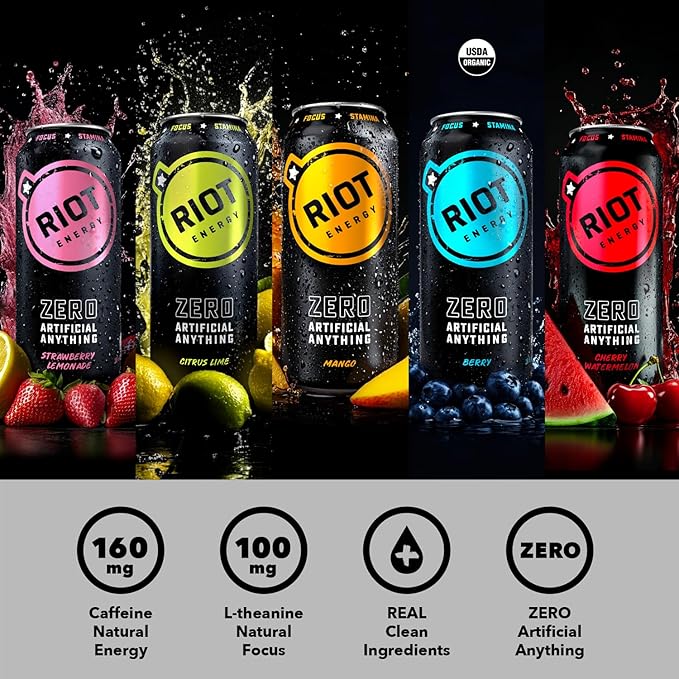 RIOT Clean Energy Drink – No Sucralose No Sugar Added No Artificial Flavors | 160mg Natural Caffeine + 100mg L-Theanine | Clean Focus Stamina &amp Smooth Energy | 16 Fl Oz (Pack of 12) (Variety Pa