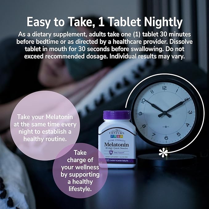 21st Century Melatonin 10mg Extra Strength (360 Count) Quick Dissolving Sleep Aid for Adults Promotes Relaxation and Restful Sleep Non-Habit Forming Gluten-Free Cherry Flavor