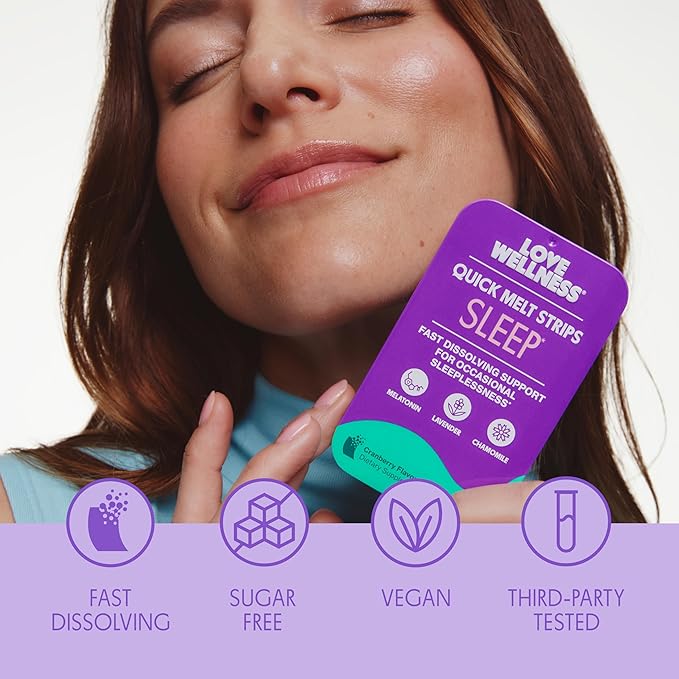 Love Wellness Sleep* Quick Melt Strips - Fast-Dissolving Sleep Support with Melatonin and Calming Botanicals - Promotes Restful Sleep* - No Water Needed - Vegan and Sugar-Free - 32 Strips