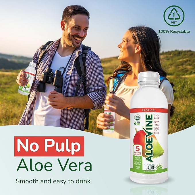 Aloevine Organics Organic Aloe Vera Drink No-Pulp With Aloe Powder &amp Lemon Juice 5 Calories Low Sugar No Artificial Ingredients 16.9 oz 12 Pack Tropical