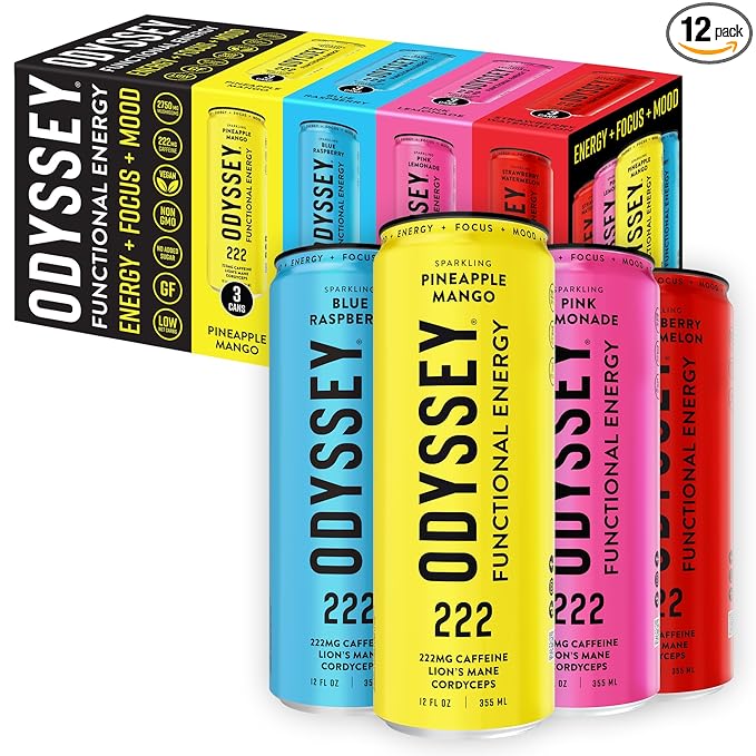 Odyssey Functional Energy Drink for Focus Cognition &amp Mood Support 12 Pack - Adaptogenic Drink with 222mg Green Tea Caffeine Lion’s Mane Cordyceps L-Theanine &amp Ginseng - Variety Pack