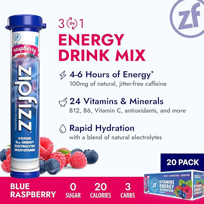 Zipfizz Daily Energy Drink Powder Blue Raspberry 20 Pack | 3-in-1 Sustained Energy Rapid Hydration and Essential Vitamins | Sugar-Free | Electrolyte Powder | Contains Vitamin B-12 &amp Antioxidan