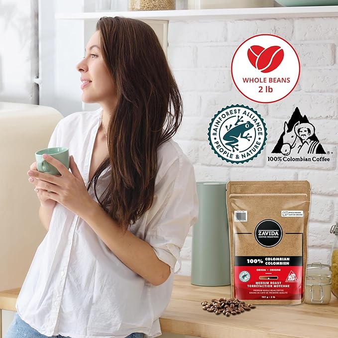 Zavida Coffee 100% Colombian Whole Bean 907 Grams 2 Pounds 1 Bag
