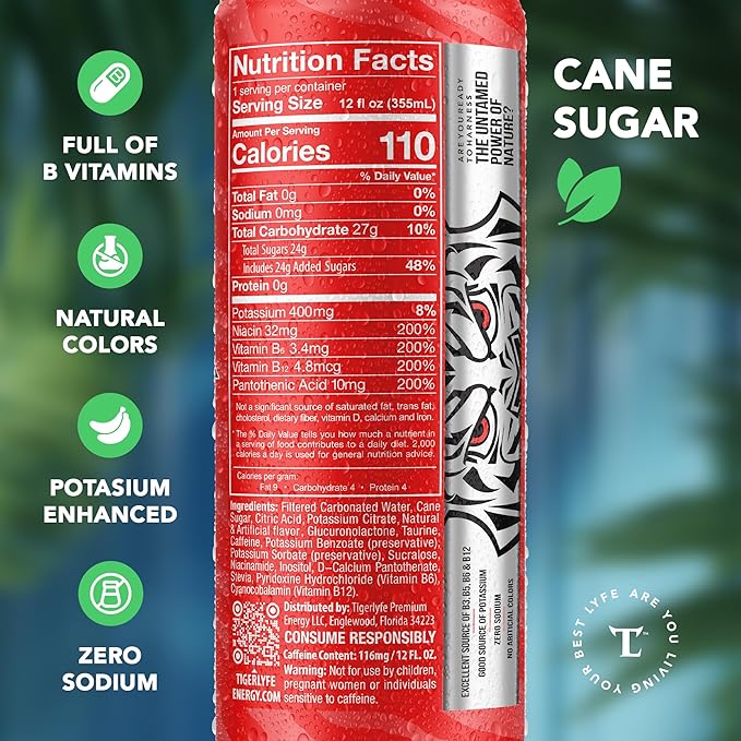 TIGERLYFE Energy Drink 12 Pack 12oz Slim Cans Energy Drinks Bulk with 24g Cane Sugar 110 Calories Energy Drink for Energy &amp Focus Zero Calorie Energy Drinks with Vitamin B &amp Potassium Ene