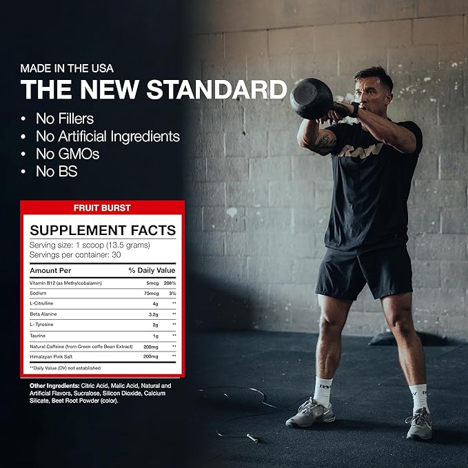 RAW Essential Pre-Workout Powder (Fruit Burst) - Chris Bumstead Sports Nutrition Supplement for Men &amp Women - Preworkout Energy Powder with Caffeine L-Citrulline L-Tyrosine &amp Beta Alanine B