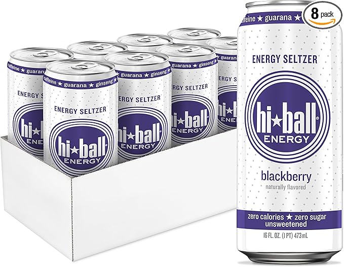 Hiball Clean Energy Drink - Blackberry - Zero Sugar Zero Calorie Sparkling Water with 160mg Organic Caffeine 50mg Organic Ginseng 50mg Organic Guarana and B Vitamins - 16 fl oz (8-Pack)