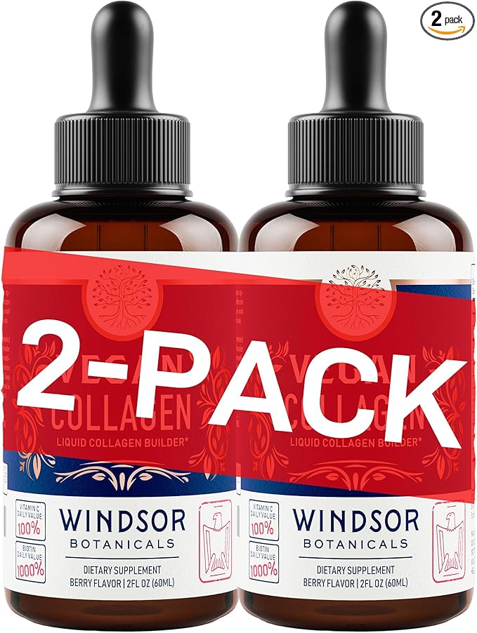 WINDSOR BOTANICALS Vegan Collagen Builder Liquid Supplement - Collagen Booster with Vitamin C Biotin Hyaluronic Acid &amp Amino Acids - Organic Fruit &amp Vegetable Blend - 120ml 60 Day
