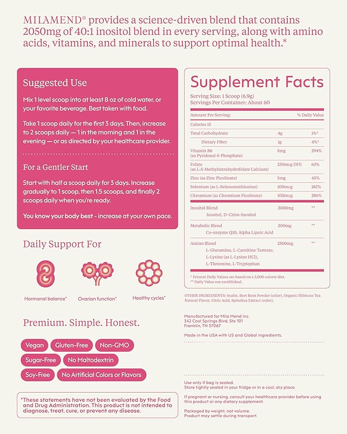 milamend Hormone Balance for Women 40:1 Myo-Inositol D-Chiro Inositol Supplement + CoQ10 ALA &amp Amino Acids – Fertility Ovarian &amp Cycle Support – Unsweetened Hibiscus Tea Powder – 30-Day Sup
