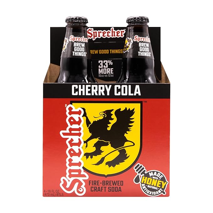 Sprecher Cherry Cola in 16 fl oz Glass Bottles (12 Pack) Fire-Brewed Craft Soda with Real Honey Caffeine-Free Gluten-Free Kosher Gourmet Handcrafted Soft Drink