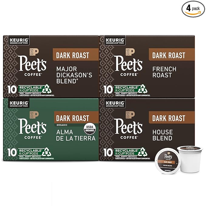 Peet's Coffee Keurig K-Cup Pods Dark Roast Variety Pack 100% Arabica Coffee - Major Dickason's Blend French Roast Organic Alma De La Tierra House Blend 40 Count (4 Boxes of 10 K-Cup Pods)