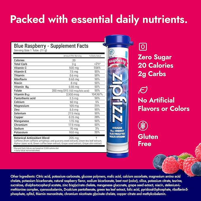 Zipfizz Daily Energy Drink Powder Blue Raspberry 20 Pack | 3-in-1 Sustained Energy Rapid Hydration and Essential Vitamins | Sugar-Free | Electrolyte Powder | Contains Vitamin B-12 &amp Antioxidan