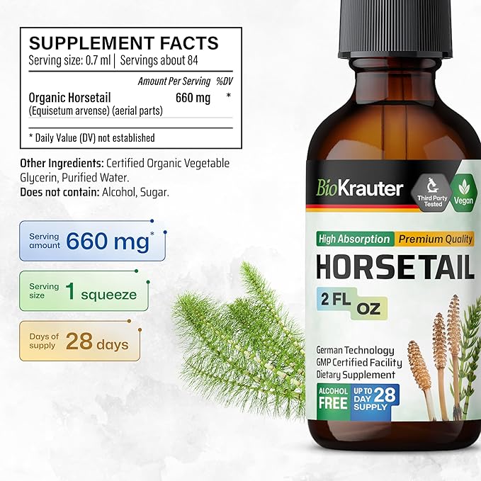 BIO KRAUTER® Horsetail Supplement for Hair Skin &amp Nails - Vegan &amp Pure Horsetail Herb Liquid Drops 660 mg per Serving 2 Fl.Oz. - Silica Hair Supplement - Alcohol &amp Sugar Free - 28 Days of