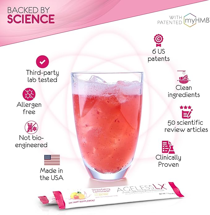 AgelessLX Powder Supplement for Women - with HMB Collagen Enhancer Plus Vitamin D3 with K2 Horsetail and Biotin for Lean Muscle and Stronger Hair and Nails - 30 Powder Packets Strawberry Lemonade