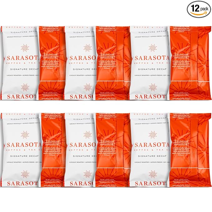 Coffee Packets – Decaf Medium-Dark Roast Ground Coffee Low Acid Mold Free 2 oz Packs for 12 Cup Brewers Pre-Measured Fractional Packs 12 Count Box – Sarasota