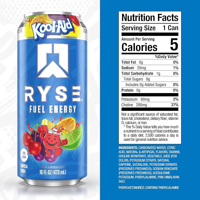 RYSE Fuel Energy Drink - Kool-Aid Tropical Punch - Sugar Free Gluten Free &amp Vegan - 200mg Natural Caffeine Taurine &amp Choline for Focus &amp Energy - No Artificial Colors - 16 fl oz Cans (12