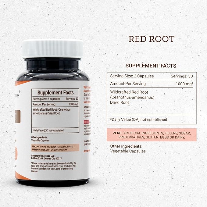 Secrets of the Tribe Red Root 60 Capsules 1000 mg Wildcrafted Red Root (Ceanothus Americanus) Dried Bark (60 Capsules)