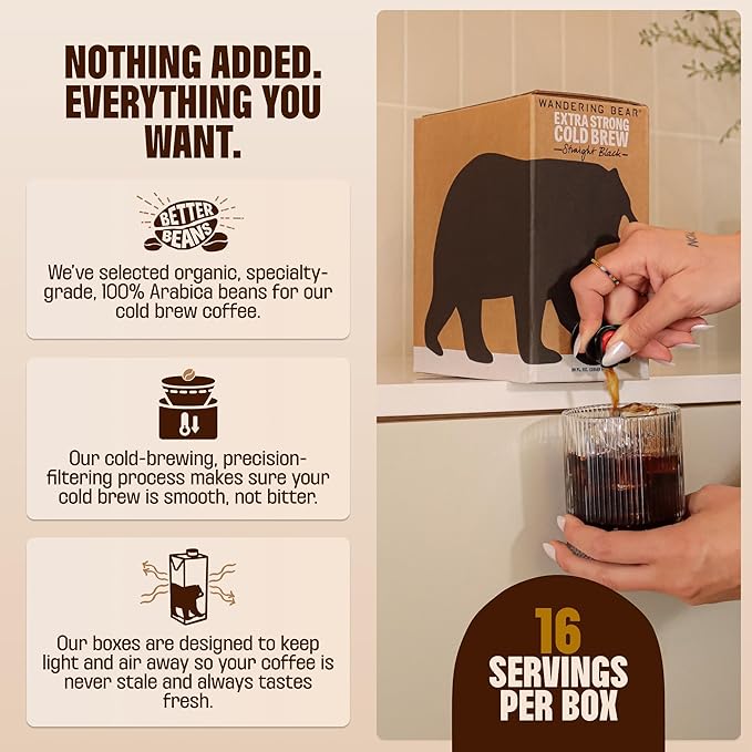 Wandering Bear Organic Mocha Cold Brew Coffee On Tap Iced Coffee Drink - Extra Strong Bold Smooth No Sugar Added Shelf-Stable Ready to DrinkGluten Free &amp Vegan -16 Servings of 6fl.oz -96fl.