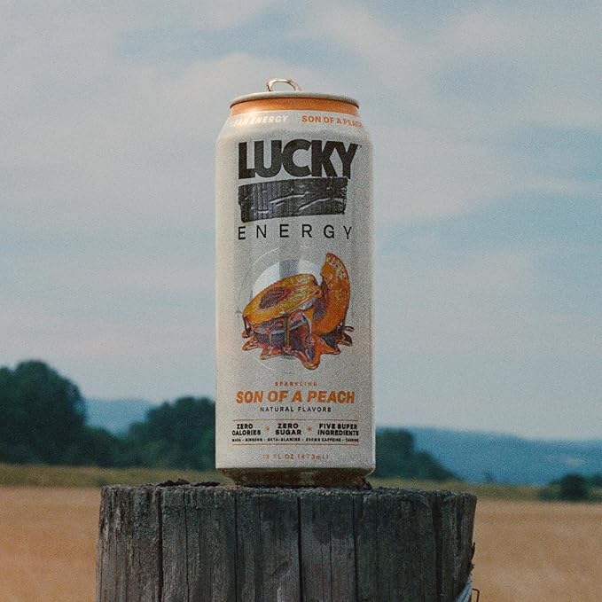 Lucky Energy Sugar Free Energy Drinks Son of a Peach 16oz Cans (12-Pack) Healthy Zero Sugar Energy Drink with Maca Ginseng Beta-Alanine Taurine &amp 200mg Caffeine
