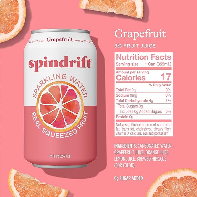 Spindrift Sparkling Water Grapefruit Flavored Made with Real Squeezed Fruit (Only 15 Calories per Can) 12 Fl Oz (Pack of 24)