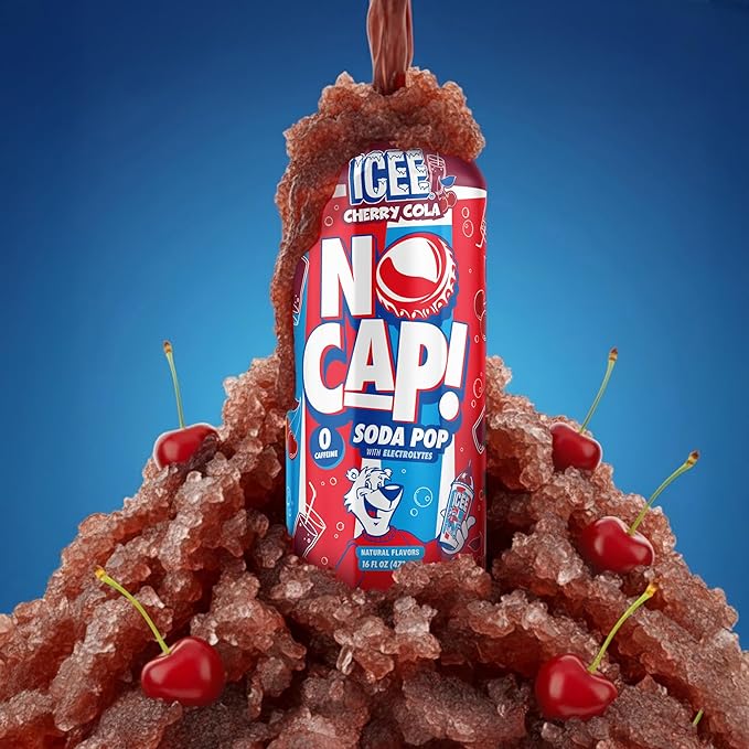 NO CAP! Next Gen Soda Pop Cherry Cola with Electrolytes for Hydration Zero Sugar Zero Calories Caffeine-Free Soda Vegan &amp Gluten-Free 16 oz Cans (12-Pack)