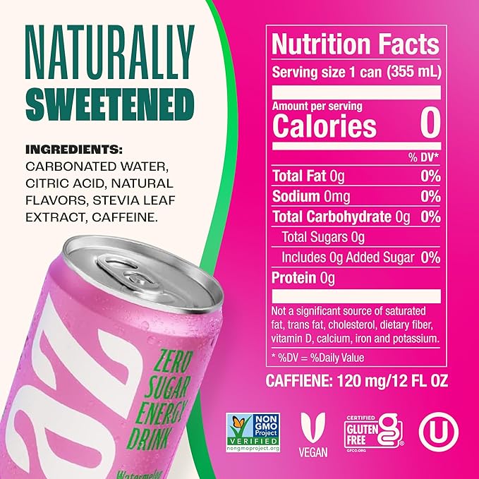 Zevia Zero Sugar Energy Drink Watermelon 12 oz Cans (12-Pack) – Naturally Sweetened Non-GMO Project Verified Gluten-Free Vegan