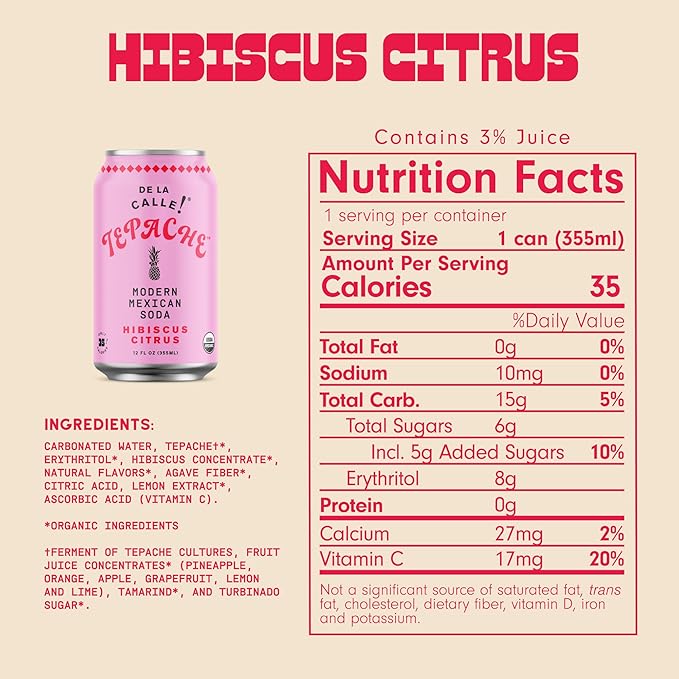 De La Calle Tepache - Hibiscus Citrus - Modern Mexican Soda - Craft Fermented Pineapple Sparkling Beverage - Certified Organic Antioxidant Rich Non-Alcoholic Healthy Soda Low Sugar Low Calorie N