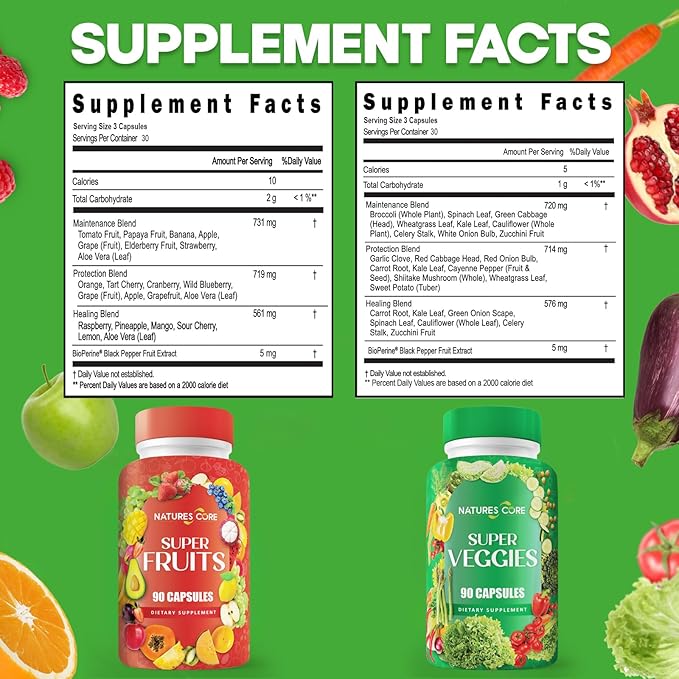 Nature's Core Fruit and Veggie Supplement - 360 Capsules -100% Whole Super Fruit and Super Vegetable Supplements &amp Vitamin Made in USA Soy Free Vegan- 90 Count (Pack of 4)