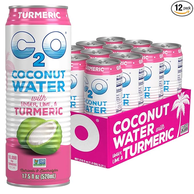 C2O - Coconut Water with Ginger Lime &amp Turmeric (12 Pack) - Made with Fresh Coconut Water - Plant Based - Non GMO - Canned Water - Natural Hydration Electrolytes &amp Potassium - 12 Cans 17.
