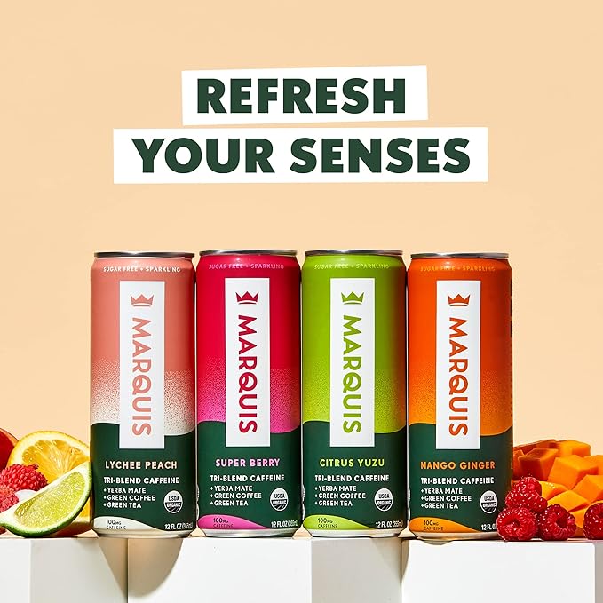 Marquis | Organic Energy Drink Alternative with Organic Plant Based Caffeine | Vegan Zero Calorie Sugar Free Sparkling Yerba Mate | Keto Energy Drinks Alternative | Pineapple x1+ Variety Pack x1