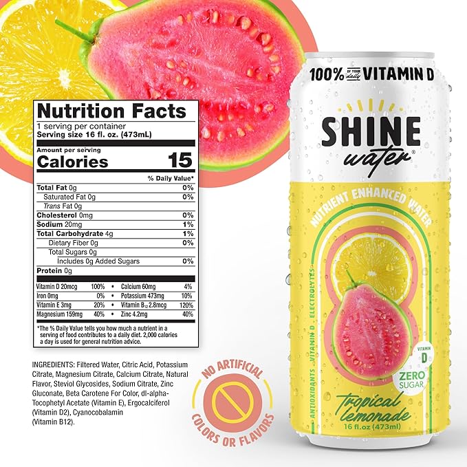 Shine Water Tropical Lemonade Vitamin D Electrolyte Drinks 12-Pack Sugar Free Flavored Water with Magnesium Zinc &amp Antioxidants Low Calorie Hydration Beverage Plant-Based Vitamin Water Zero Su