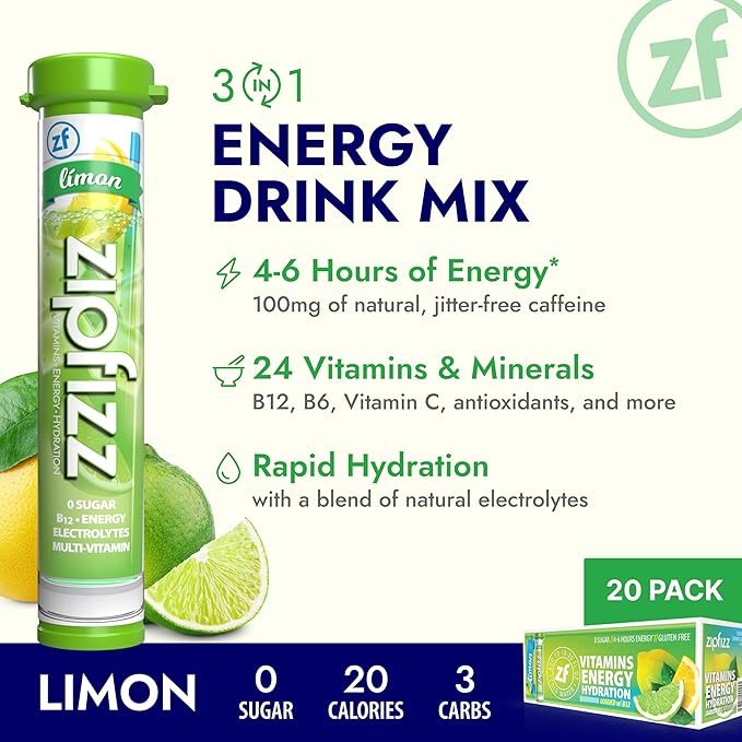 Zipfizz Daily Energy Drink Powder Limon 20 Pack | 3-in-1 Sustained Energy Rapid Hydration and Essential Vitamins | Sugar-Free | Electrolyte Powder | Contains Vitamin B-12 &amp Antioxidants