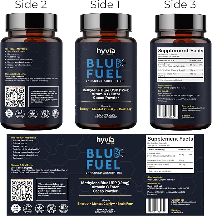 Methylene Blue Capsules - USP Pharmaceutical Grade Supplement For Humans - 120ct w/ Added Vitamin C For Enhanced Absorption - Helps Support Cognitive Energy Brain Fog &amp Mental Clarity | Made In