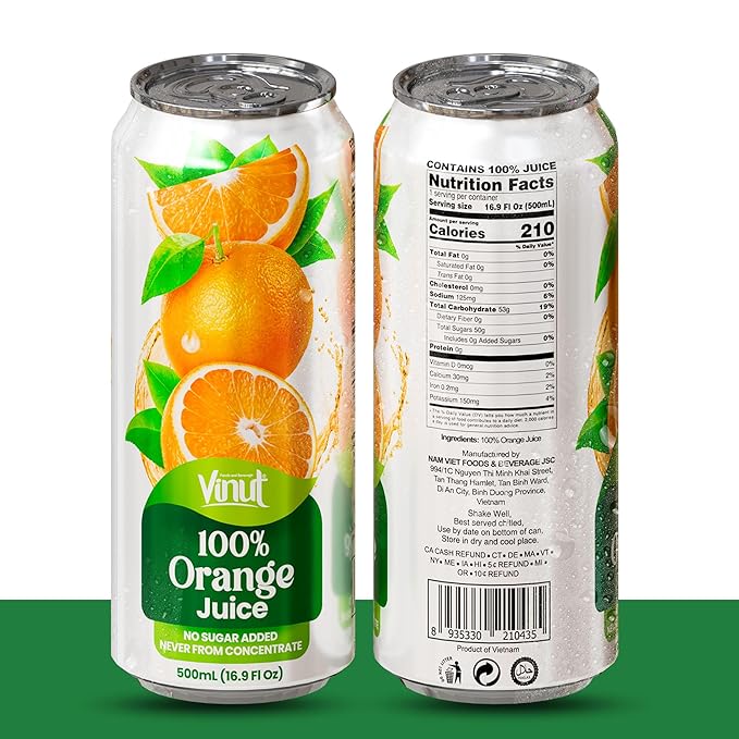 VINUT 100% Orange Juice No Added Sugar Never From Concentrate 16.9 fl oz (500 mL) Can Pack of 24
