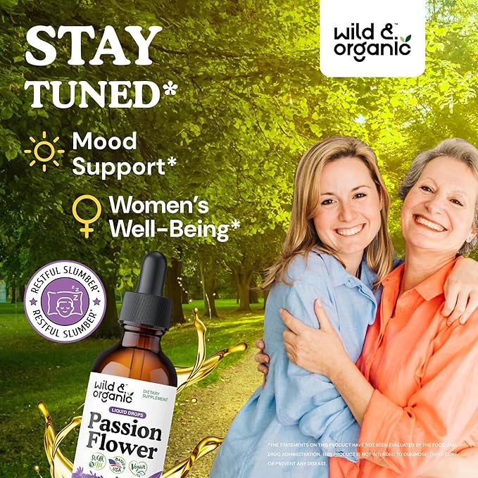 Wild &amp Organic Passionflower Tincture - Relaxing Passion Flower Drops for Women - Liquid Passiflora Incarnata Herb - Vegan Sugar &amp Alcohol-Free Extract Supplement - 2 fl oz