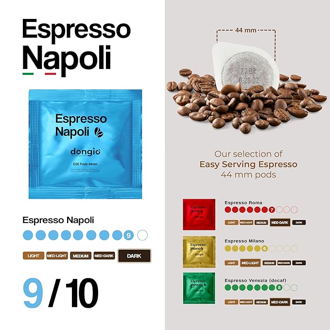 Dongiò Caffè Espresso Napoli - 150 Easy Serving Espresso Pods (ESE 44mm) - Dark Roast Coffee (Intensity 9/10) - Roasted and Blended in Italy