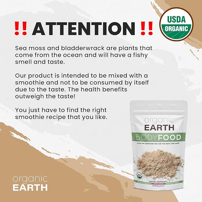 Organic Earth Irish Sea Moss Powder 8oz - Wildcrafted Sea Moss Organic with Bladderwrack &amp Burdock Root Powder - Thyroid Digestion Support &amp Healthy Skin - USDA Certified Organic