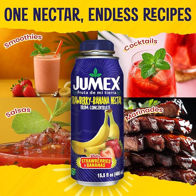 Jumex Strawberry Banana Nectar Lata Botella - Fresh Fruit Puree &amp Tropical Fruit Juice Concentrate for Smoothie Mix Cocktail Mixers &amp Kids Beverages - 15.5oz 12 Pack Resealable Juice Bottles