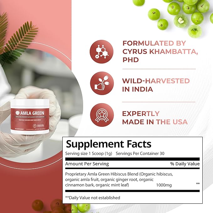 Amla Powder &amp Green Tea Superfood Supplement with Hibiscus 20x Ultra Concentrated Amla Antioxidant Support Made with Oolong Tea and Indian Gooseberries Organic Vegan Hibiscus 30 Servings