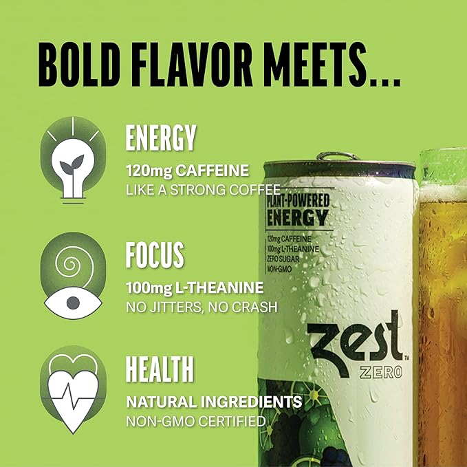 Zest Clean Energy Drink – Blackberry Lime – Zero Sugar 0 Calories – 120mg Caffeine + 100mg L-Theanine for Focus Energy &amp Concentration – Healthy Zero Sugar Energy Drink – 12oz Can 12 Pack