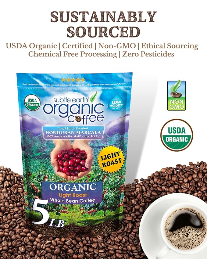 5LB Subtle Earth Organic Coffee - Light Roast - Whole Bean Coffee - 100% Arabica Beans - Low Acidity and Non-GMO - 5lb bag
