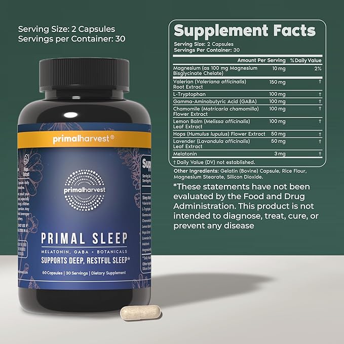 Primal Harvest 2 Pack Primal Sleep 60 Capsules with Valerian Root L-Tryptophan GABA Chamomile and Melatonin 3mg