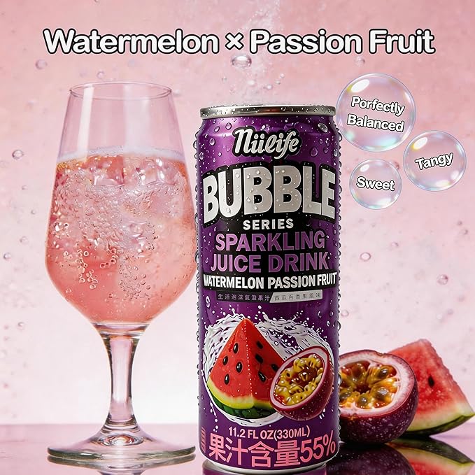 Nülife Bubble Series Sparkling Fruit Juice 55% Real Juice Watermelon Passion Fruit Soda Tropical Carbonated Fruit Water Refreshing Drink Cans 11.2 Fl Oz (Pack of 12)
