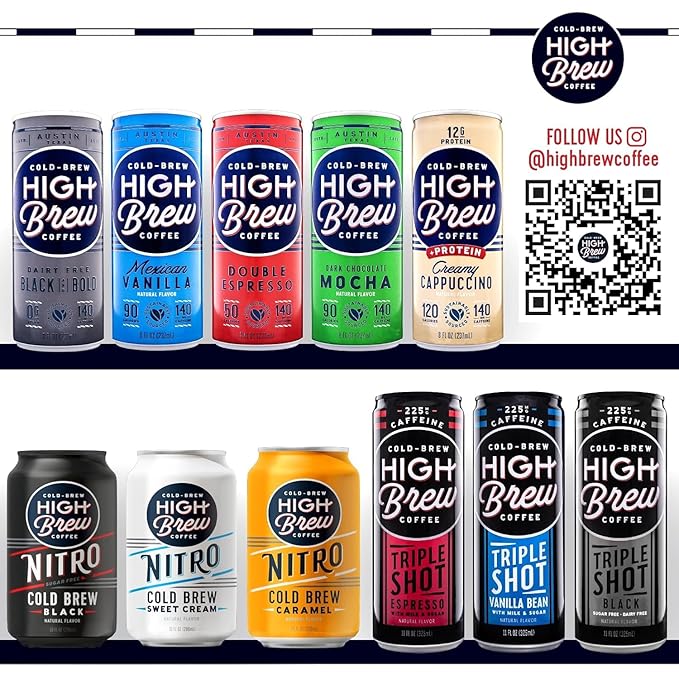 High Brew Coffee | Triple Shot Cold Brew Variety Pack – Vanilla Bean Black &amp Espresso | Lightly Sweetened Iced Coffee with Pure Cane Sugar 225mg Natural Caffeine Low-Acid Ready-to-Drink (8 oz