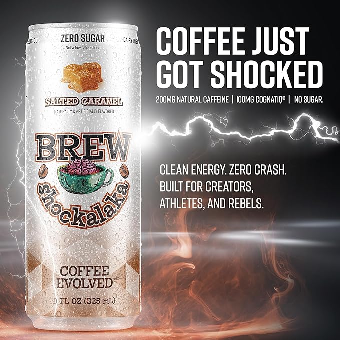 Brew Shockalaka Cafe Mocha Coffee RTD 12-Pack - Nootropic Enhanced Zero Sugar Natural Caffeine + CognatiQ Coffee Evolved (11 FL OZ) (Maple Cinnamon Donut)
