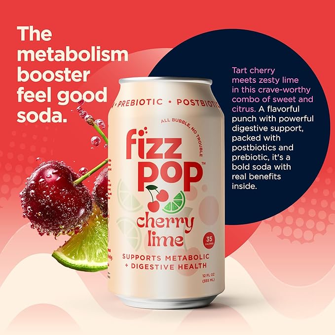 Fizz Pop Metabolic Sparkling Postbiotic and Prebiotic Soda Pop Gut Health Seltzer Water Fiber Drink Metabolism Booster Cherry Lime Flavor 12 oz Cans (Pack of 12)